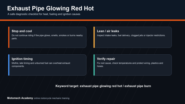 Exhaust pipe glowing red hot diagnosis checklist for lean mixture, air leaks, ignition timing, misfire and heat safety
