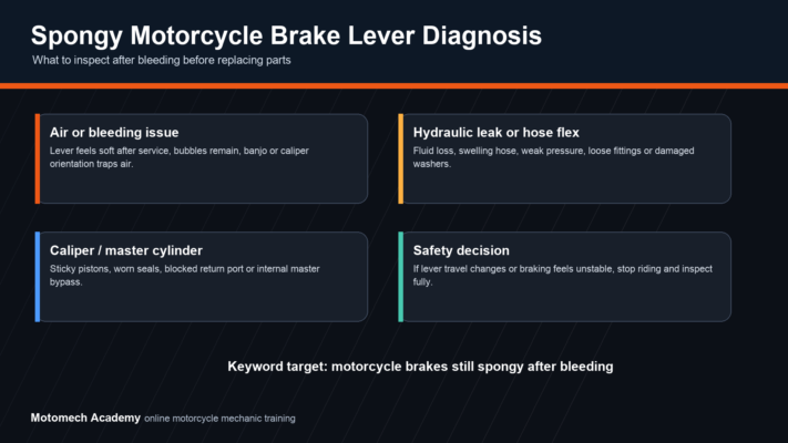 Diagnostic diagram for motorcycle brakes still spongy after bleeding, showing trapped air, hose flex, caliper and master cylinder checks