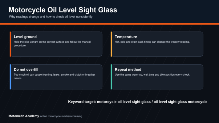 Motorcycle oil level sight glass checklist showing level ground, upright bike position, warm-up timing and overfill warning