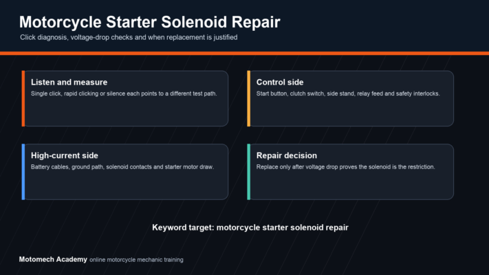 Motorcycle starter solenoid repair checklist with relay click diagnosis, control-side tests, voltage drop and starter motor checks
