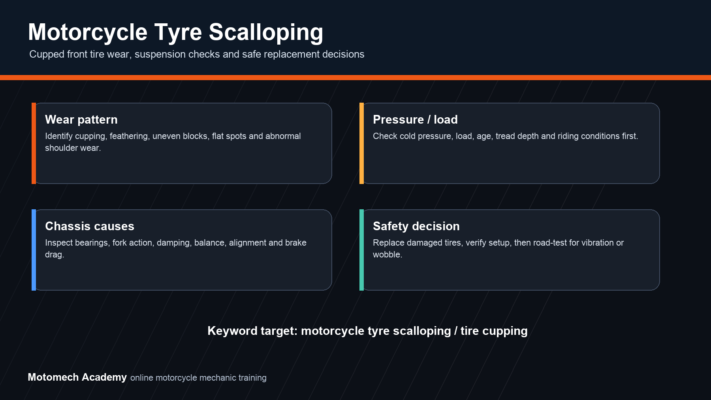 Motorcycle tyre scalloping and front tire cupping diagnosis with pressure, suspension, bearings and brake safety checks