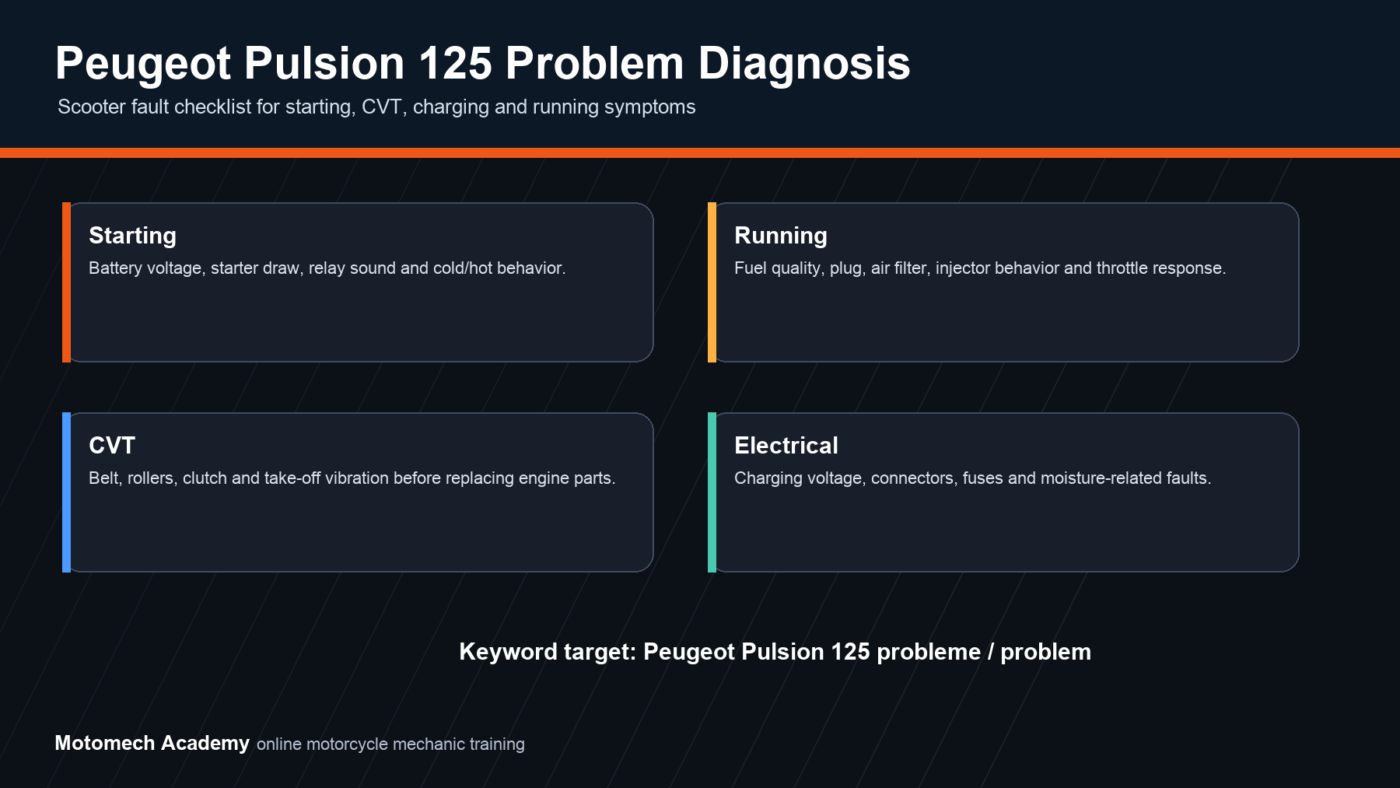 Peugeot Pulsion 125 problem diagnosis checklist for starting, CVT, running symptoms and electrical faults